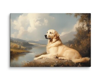 Golden Retriever Canvas Print, Cream Dog, Landscape Art