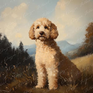 Golden Doodle Portrait Matte Paper Print - Oil Painting Print, Golden Doodle Landscape Portrait, Wall Art, Golden Doodle Gift