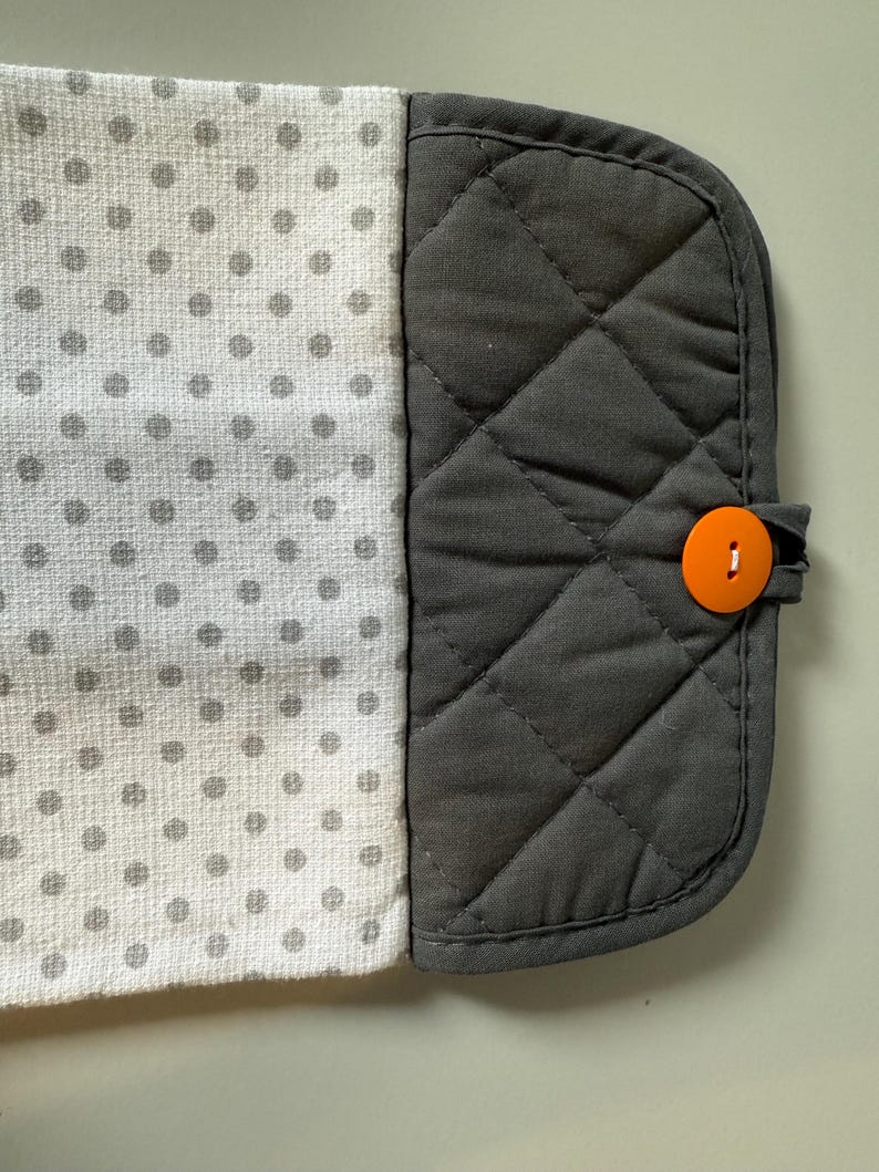 May include: A kitchen towel with a gray and white polka dot pattern on one side and a quilted gray fabric on the other. An orange button secures the towel. The towel is designed to hang.