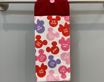 Mickey and Minnie Mouse Ears Valentine's Day Hanging Kitchen Towel with Potholder Top