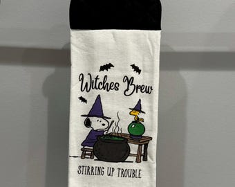 Snoopy “Witches Brew Stirring up Trouble” Hanging Kitchen Towel with Potholder Top