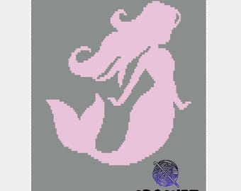 May include: A pixelated pink mermaid silhouette on a gray background. The mermaid has flowing hair and a fishtail. The image includes the text "CROCHET BY YOUR GIRL" with a yarn ball graphic, suggesting a crochet pattern or design.