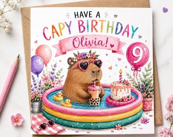 Personalised any age, cute Capybara Birthday Card. Fun in the Pool.