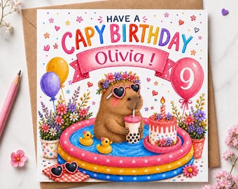 Personalised any age, cute Capybara Birthday Card. Fun in the Pool.