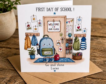 Personalised First Day of School Card. Cute Backpack character / Go and Shine. Primary 1 / Reception/ Infant. Boy / Male version.