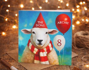 Personalised Aberdeen FC Adult/ Children / Kids / age / Dons / Sheep and Balloons Football Birthday Card
