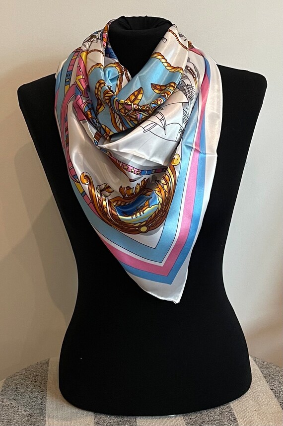 Blue Ship Silky Scarf   Etienne Aigner Blue Silk Scarf Nautical Ship Motif 80cm main image 4