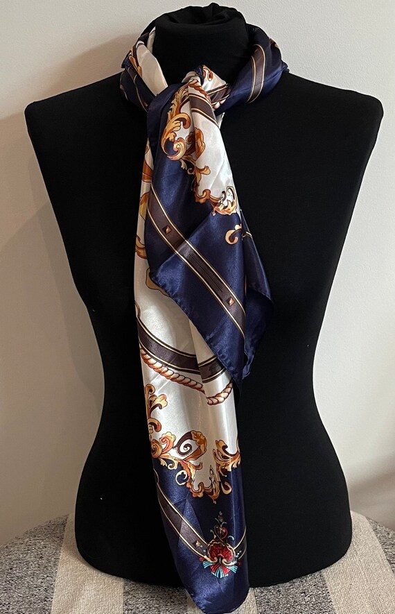 Silky Satin Scarf Square, Dark Blue & Gold Patterned - Gift