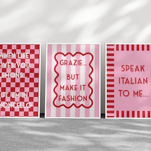 Pink Italian Wall Art Trio – Funny Modern Prints with Italian Sayings | Limoncello Quote Poster | Fashion & Language Art