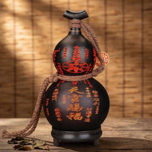May include: A matte black gourd-shaped bottle featuring red and gold Chinese calligraphy and a yin-yang symbol. A thick, braided brown rope is tied around the neck and body, and a small circular tag hangs from the rope. The bottle rests on a black stand.