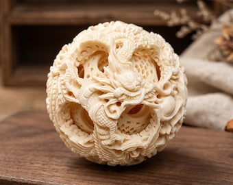 Bola Linglong de asta de ciervo tallada a mano, 4,5 cm / 1,77 pulgadas, bola china hueca de 3 capas, objeto coleccionable de Feng Shui con diseño de dragón.