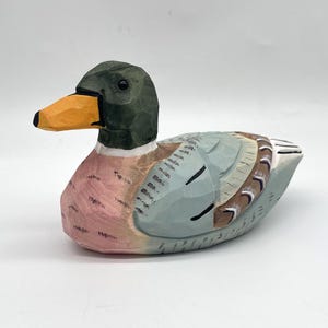 Hand Carved Basswood Mallard Duck Figurine: Peaceful Home Decor
