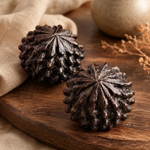 May include: Two dark brown, decorative objects with a textured, spiky design, resembling a stylized flower or seed pod. They sit on a wooden cutting board, with a neutral-colored cloth in the background. The objects have a glossy finish.