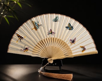 Abanico plegable bordado Su, diseño de mariposa china de doble cara con borla