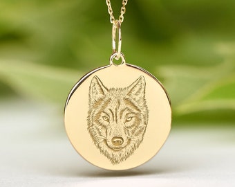 14k Solid Gold Wild Wolf Necklace • Dainty Wolf  Pendant • Personalized Wolf Head Charm