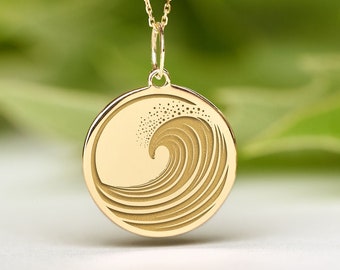 14k Solid Gold Wave Necklace • Dainty Wave Pendant • Personalized Surfer Charm