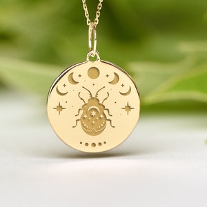 14k Solid Gold beetle Necklace • Dainty Scarab  Pendant • Personalized beetle Charm
