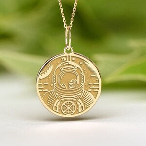 14K Solid Gold Astronaut Necklace • Dainty Space Pendant • Personalized astronaut Charm