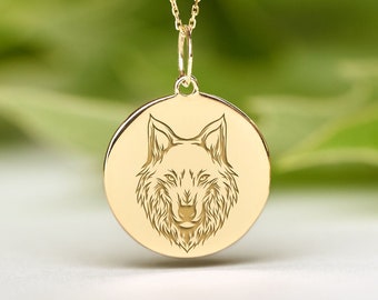 14k Solid Gold Wild Wolf Necklace • Dainty Wolf  Pendant • Personalized Wolf Head Charm