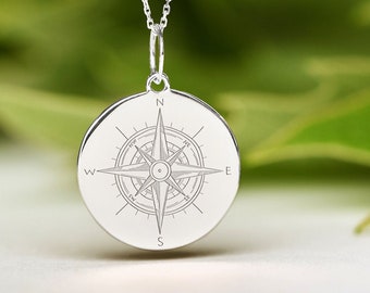 Sterling Silver Compass Necklace • Dainty Compass Pendant • Graduation Travel Gift • Custom Back Engraving