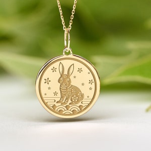 14k Solid Gold Rabbit Necklace • Dainty Rabbit Pendant • Personalized Rabbit Zodiac  Charm