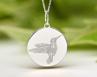 Sterling Silver Hummingbird Necklace • Engraved Bird Disc • Dainty Nature Pendant • Custom Back Engraving