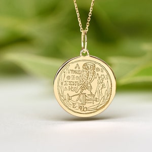 14K Solid Gold Greek Drachm Necklace • Dainty Coin of Athens Pendant • Wisdom Owl Coin