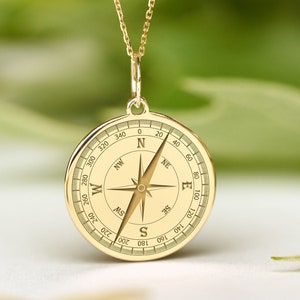 14k Solid Gold Compass Necklace • Dainty Compass Pendant • Personalized Nautical Charm