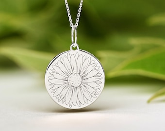 Sterling Silver Sunflower Necklace • Dainty Sunflower Pendant • Personalized Sunflower Charm • July Birth Flower