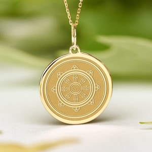 14k Solid Gold Dharma chakra Necklace • Dainty Dharma wheel Pendant • Personalized Dharma chakra Charm • Wheel of Life