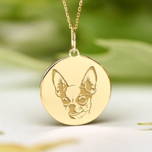 14k Solid Gold Chihuahua Necklace • Dainty Dog Pendant • Minimal Pet Portrait Disc • Personalized Back
