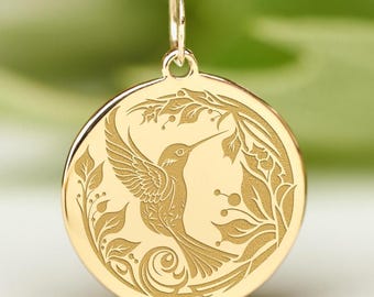 14k Solid Gold Hummingbird Necklace • Dainty Bird Pendant • Personalized Animal Charm