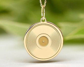 14k Solid Gold LP Record Necklace • Dainty Vinyl Record Pendant • Personalized DJ Charm