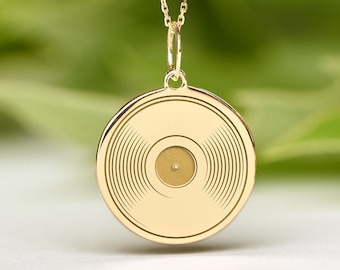 14k Solid Gold LP Record Necklace • Dainty Vinyl Record Pendant • Personalized DJ Music Lover Charm