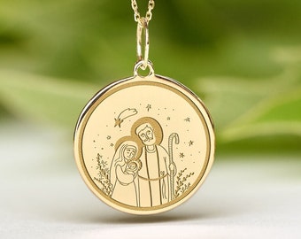 14k Solid Gold Holy Family Necklace • Dainty Holy Family Pendant • Personalized Holy Family Charm