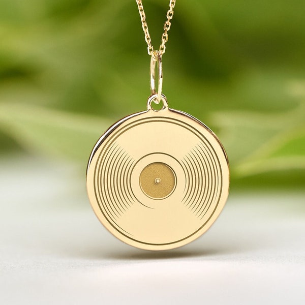 14k Solid Gold LP Record Necklace • Dainty Vinyl Record Pendant • Personalized DJ Charm