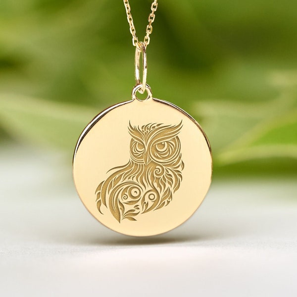 14k Solid Gold owl Necklace • Dainty owl Pendant • Personalized owl Charm