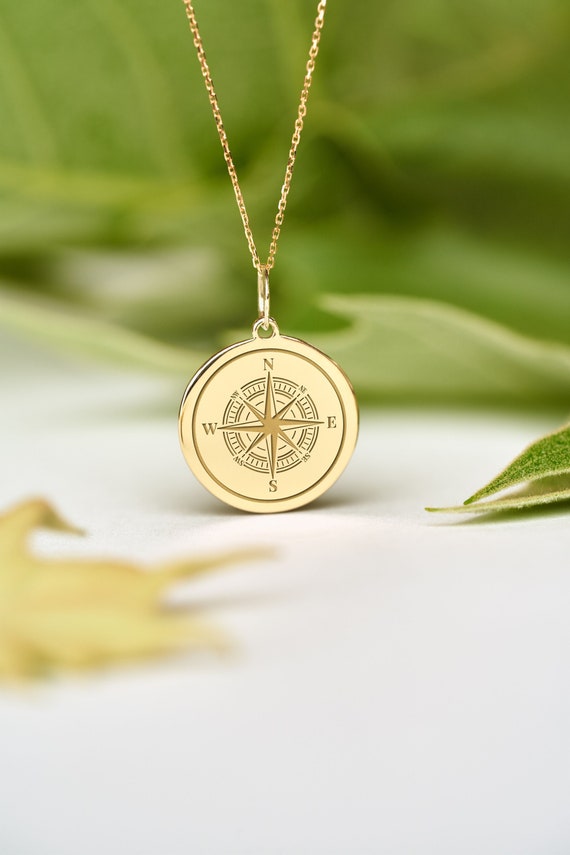 14k Solid Gold Compass Necklace • Engraved Nautical Disc • Dainty Travel Pendant • Graduation Gift • Free Back Engraving