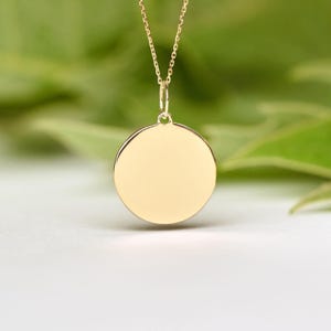 May include: A gold-colored pendant necklace featuring a circular disc. The pendant hangs from a delicate gold chain. The background is a soft green and white, creating a simple and elegant aesthetic.