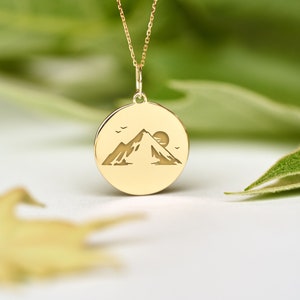 14k Solid Gold Mountain Necklace • Engraved Landscape Disc • Hiking Gift • Free Back Engraving