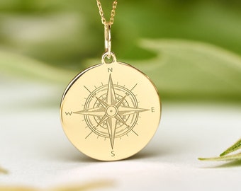 14k Solid Gold Compass Necklace • Dainty Compass Pendant • Personalized Nautical Charm • Free Back Engraving