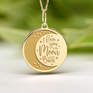 14K Solid Gold Crescent Moon Necklace • Dainty  I Love you to the Moon and Back Pendant • Personalized Moon Stars Charm
