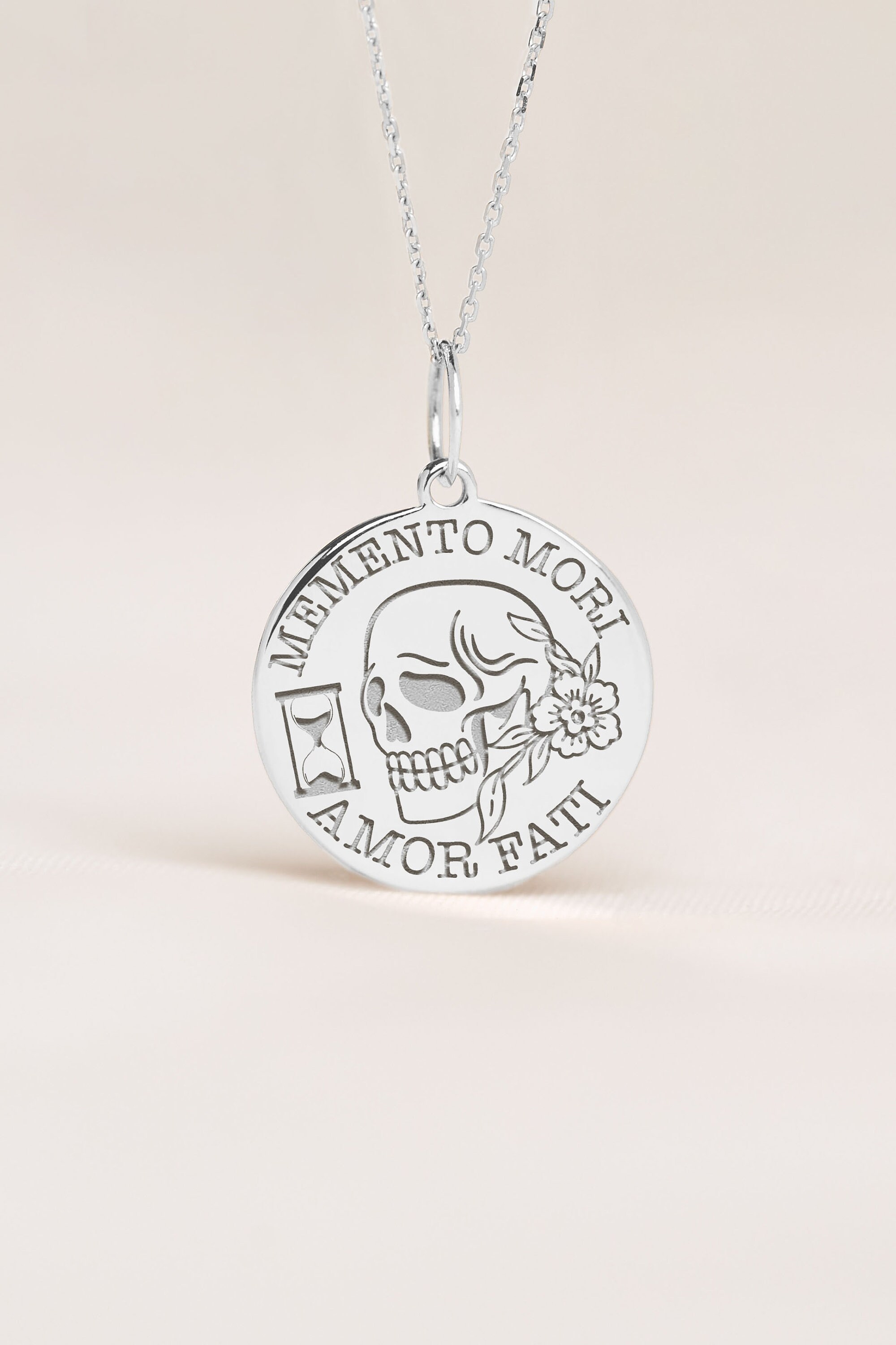 Sterling Silver Memento Mori Necklace • Skull Disc Pendant • Gothic ...