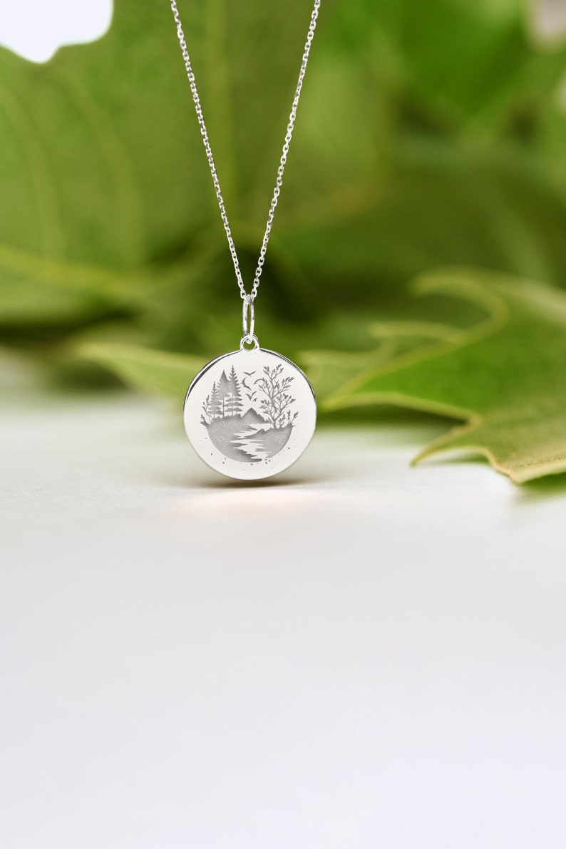 Sterling Silver Nature Landscape Necklace • Dainty Forest River Pendant • Personalized Mountain Lake Charm for Wanderlust