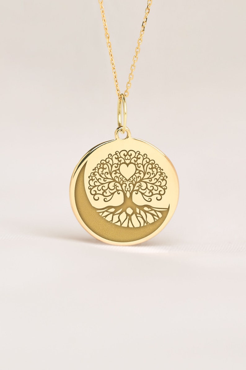 14k Solid Gold Tree of Life Necklace • Engraved Tree Disc • Dainty Gold ...