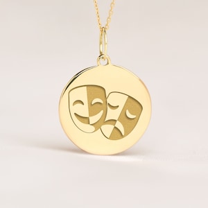 14k Solid Gold Theatre Masks Symbol Necklace • Dainty Comedy Tragedy Mask Pendant • Personalized actor actress graduation Charm