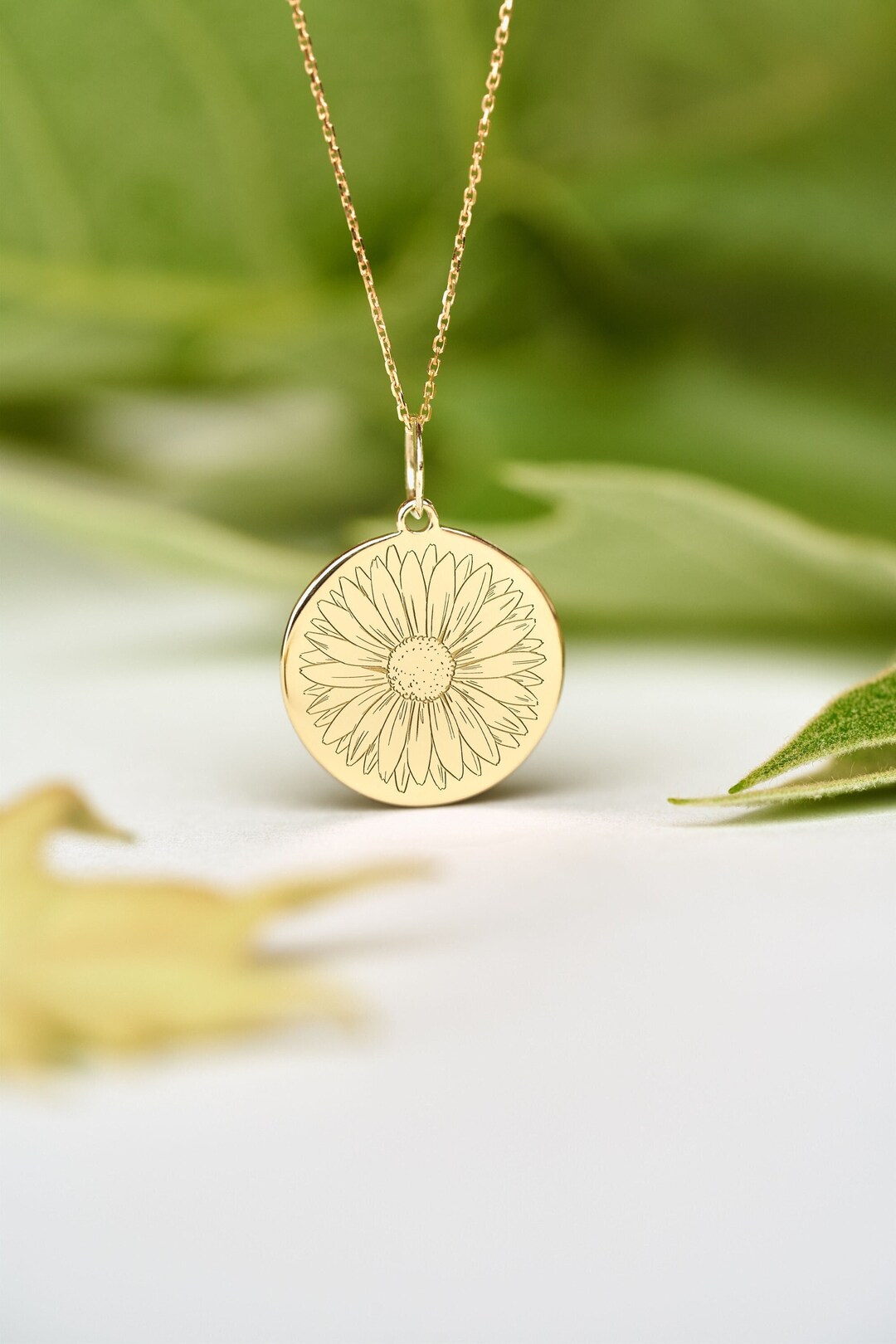 14k Solid Gold Sunflower Necklace Dainty Sunflower Pendant Etsy