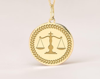 14k Solid Gold Scales of Justice Necklace • Lawyer Gift • Law School Graduation Pendant • Custom Back Engraving