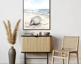 Seashell on a Beach Portrait Oriented Digital Download Watercolor themed Wall Art, Poster Art