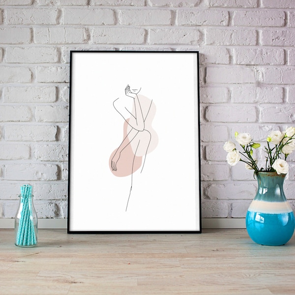 Printable Wallart, Line Art, Digital Download,, Boho Woman Lineart, Female Body Line Drawing Print, Feminine Minimal Art, Bathroom Wallart